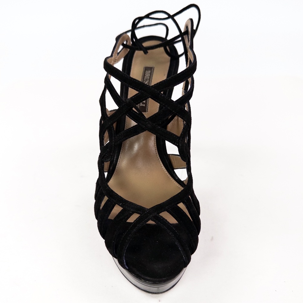 Bruno Magli Empress Black Suede Lace-Up Platform Heels Sandals Sz 38 w/ Box - Picture 6 of 11